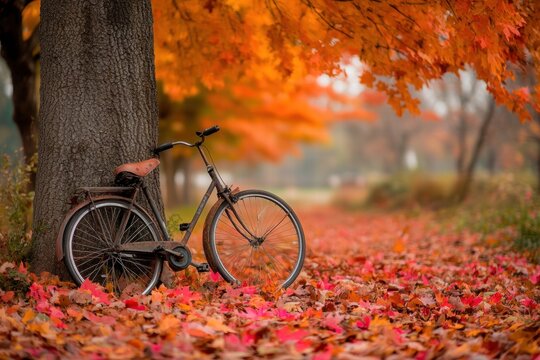 Red bike under orange maple tree in fall park