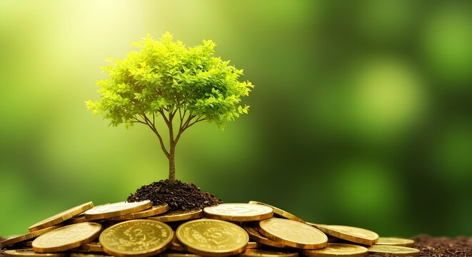 Peque&ntilde;os &aacute;rboles en una pila de monedas de oro y un fondo verde natural.