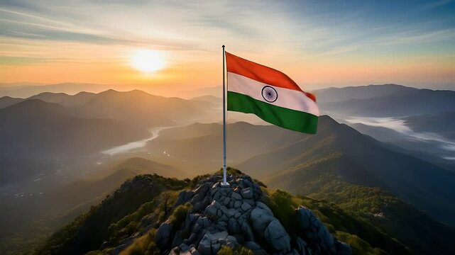 Indian flag waving on mountain peak at sunrise