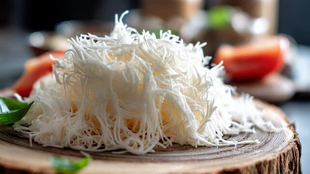 String hoppers stack on a wood plate with basil and tomato beside