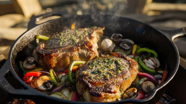 Sizzling steaks & vegetables in cast iron skillet