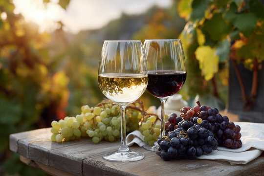 Elegant outdoor setting with glasses of white and red wine and fresh grapes on rustic wooden table at sunset