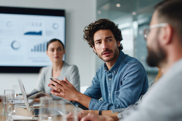 Diverse young professionals engaged in a serious business meeting with data charts displayed on a screen in a modern office