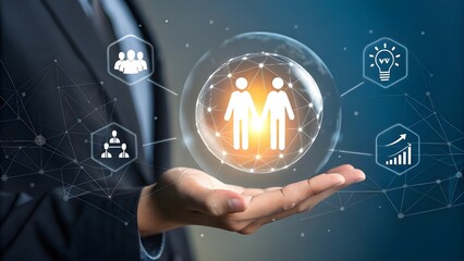 Businessman holding a glowing sphere with interconnected people and business icons representing teamwork and growth