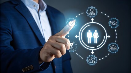 Businessman interacting with a holographic interface showing a network of business and personal connections