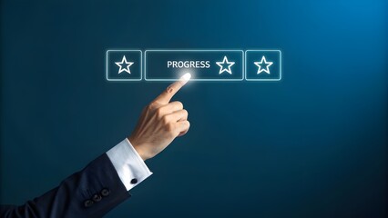 Business professional touching a glowing button labeled progress with stars on a dark blue background