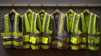 Hanging Safety Vests with Reflective Stripes Ready for Work