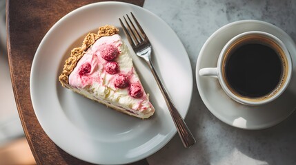 Raspberry cream pie slice on white plate served with black coffee.

