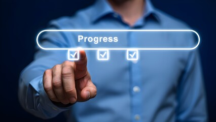 Man s finger touching a digital interface with the word progress and checkmarks