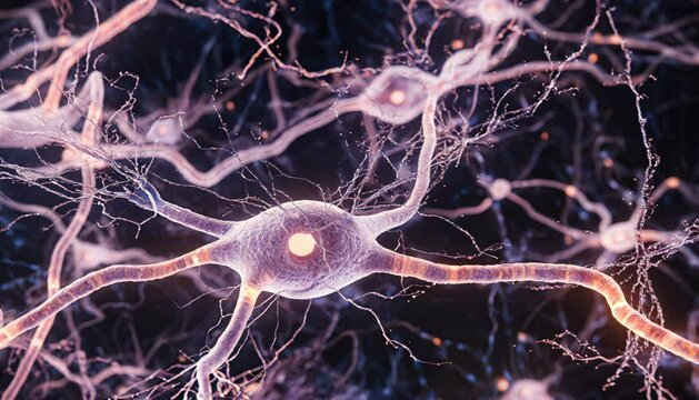 A beautiful and vibrant 3D animation of dopamine molecules being released between neurons in the brain
