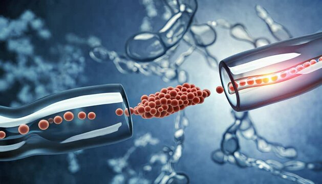 Close-up animation of a synapse between two neurons, showing synaptic vesicles releasing neurotransmitters into the synaptic cleft