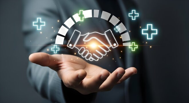 Business partnership handshake icon with glowing plus signs and sparks over a hand