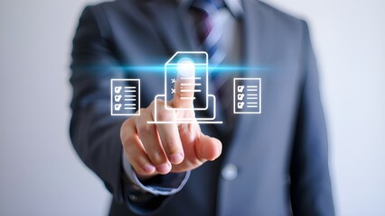 Businessman s finger touching a digital interface with checklist icons and glowing blue light