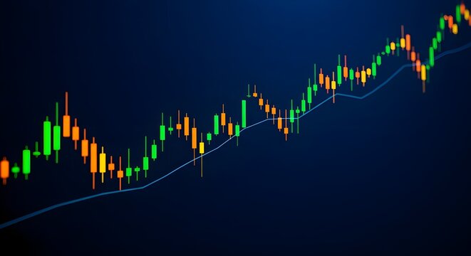 Gr&aacute;fico financiero colorido con patrones de velas y gr&aacute;fico de l&iacute;nea sobre un fondo oscuro.