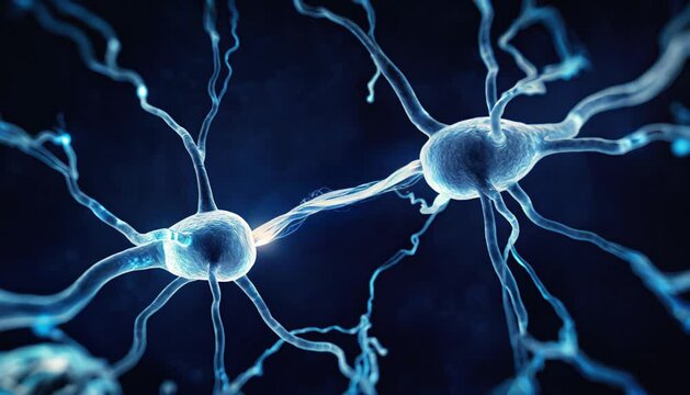 A cinematic 3D animation of two brain neurons connected by a synapse, glowing neurotransmitters flowing across the synaptic gap.