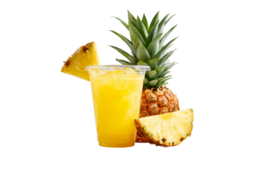 Fresh pineapple juice drink with fruit slices isolated on transparent background