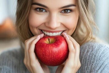 Young woman biting a red apple smiling showing white teeth