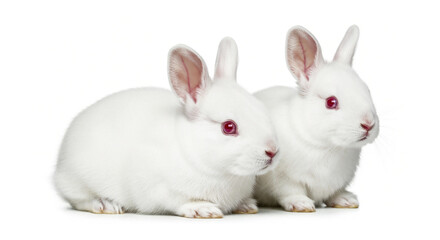Obraz premium Two White Rabbits with Red Eyes on White Background, Generative AI