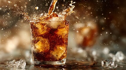 Pouring Refreshing Soda Into Glass with Ice Cubes