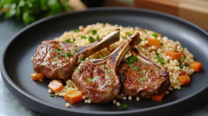 Fototapeta premium Minimalist Moroccan Lamb Chops with Colorful Couscous Arrangement