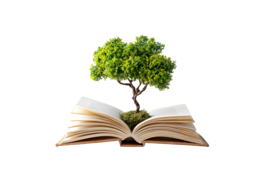Tree growing out of open book isolated on transparent background