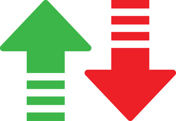 Green up arrow and red down arrow with horizontal lines isolated on transparent background