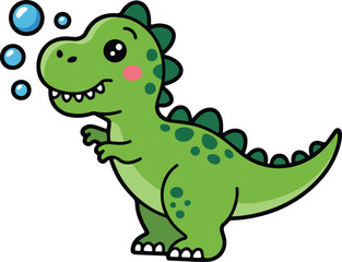A cute, green dinosaur blowing bubbles with an adorable expression. transparent isolated vector png