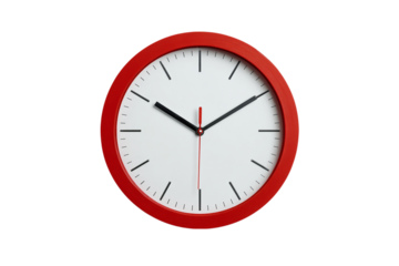 Red round wall clock showing time isolated on transparent background