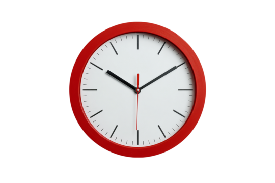 Red round wall clock showing time isolated on transparent background