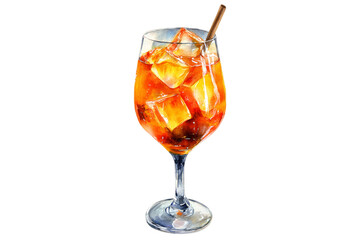 Watercolor aperol spritz cocktail with ice isolated on transparent background