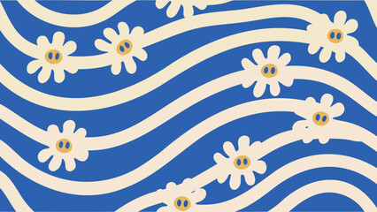 White daisies on blue background with wavy beige lines creating a floral and stripe pattern design