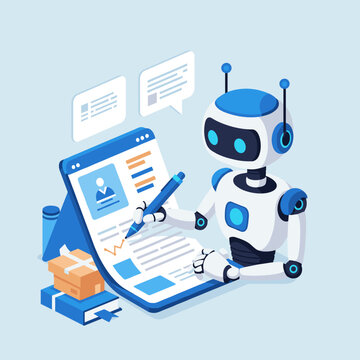 Flat icon of AI-assistant-robot writing product descriptions automatically on blue background
