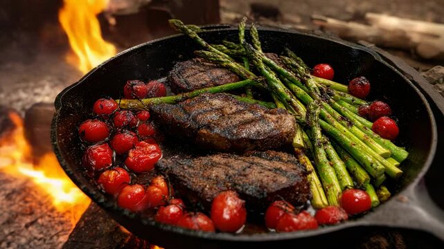 Steak, asparagus, tomatoes cooking in cast iron skillet over an open fire
