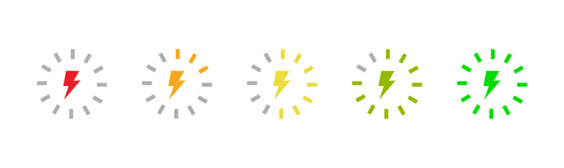 Battery charge level indicator icon set. Charging status, battery capacity from empty to full. Lightning energy level bar