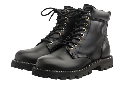 Black Leather Combat Boots, isolated on transparent background