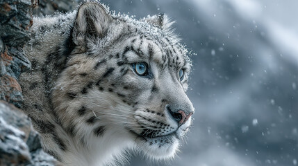 Obraz premium Magnificent snow leopard gazes into the distance during a blizzard, snowy scene