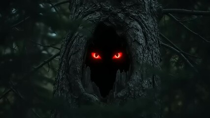Mysterious tree hollow with glowing red eyes peering out, surrounded by dark forest foliage - Powered by Adobe