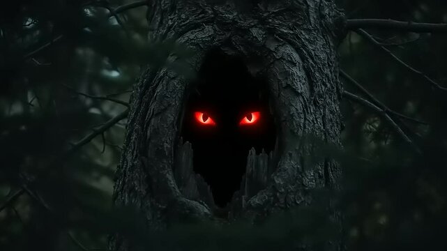 Mysterious tree hollow with glowing red eyes peering out, surrounded by dark forest foliage
