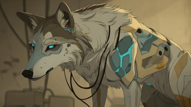 Cybernetic wolf in a desolate setting