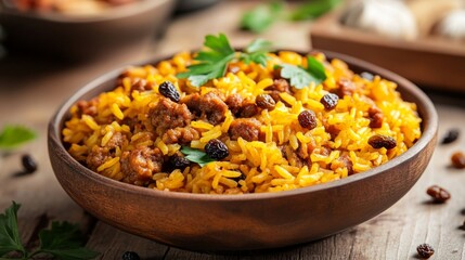 Delicious South African Bobotie with Yellow Rice and Garnish
