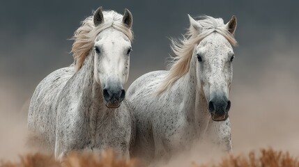 Obraz premium Two majestic white horses moving through a dusty landscape during an overcast day in the countryside