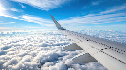 Obraz premium Aerial view of airplane wing above fluffy clouds bright blue sky, evoking sense of freedom