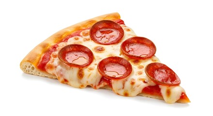 A single slice of pepperoni pizza, cheese, tomato sauce, delicious, isolated on white.