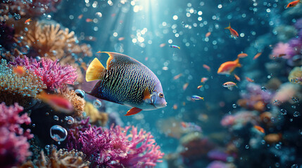 Obraz premium A mesmerizing underwater world teeming with vibrant coral and fish in a sunny, blue environment.