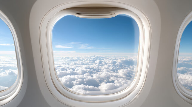 Close up view of airplane window reveals soft blue sky and fluffy clouds outside, evoking sense