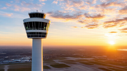 Control tower at sunset with vibrant colors illuminating sky and airfield below