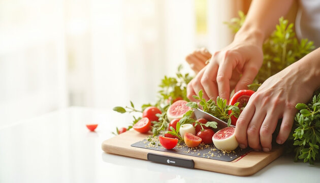 Slicing vibrant cherry tomatoes and aromatic fresh herbs on a wooden cutting board for a healthy