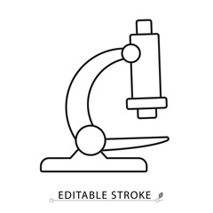 A microscope icon in minimalist style with editable stroke. Scientific instrument, biology tool, laboratory equipment, sample analysis, micro research, outline vector illustration.