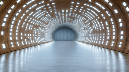 Futuristic tunnel with wooden walls and bright lights creates captivating atmosphere