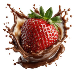 Fresh Strawberry Drenched in Chocolate Splash on Black Background
